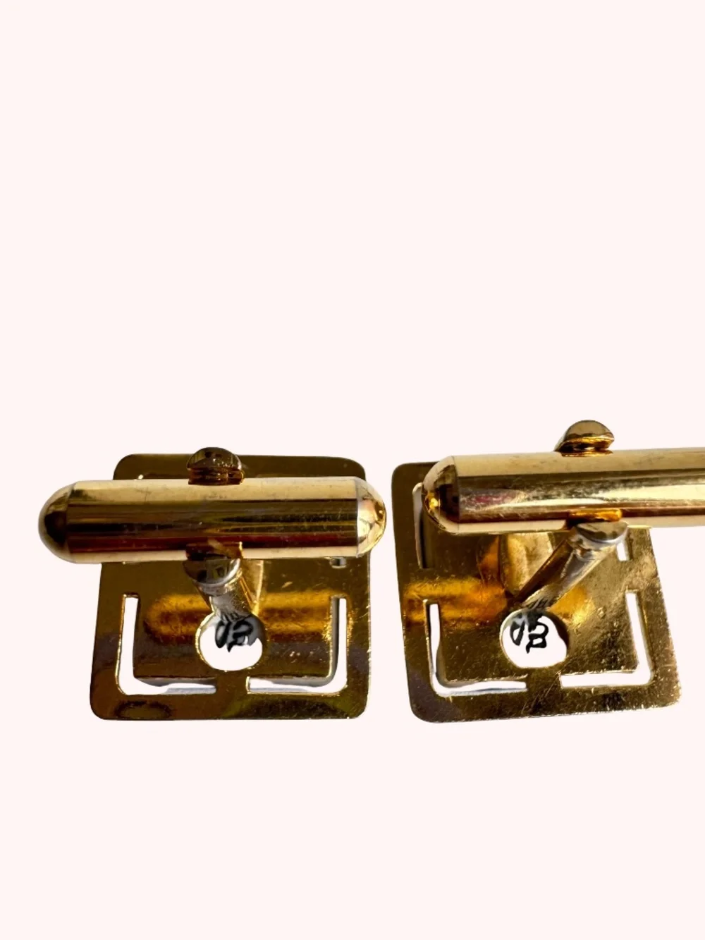 Vintage Gen Marked Cufflinks Tie Tack Blue Green Porcelain Gold Tone Square Gift